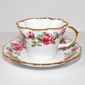 Vintage SALISBURY England Bone China White Pink Red Roses Gold Tea cup & Saucer